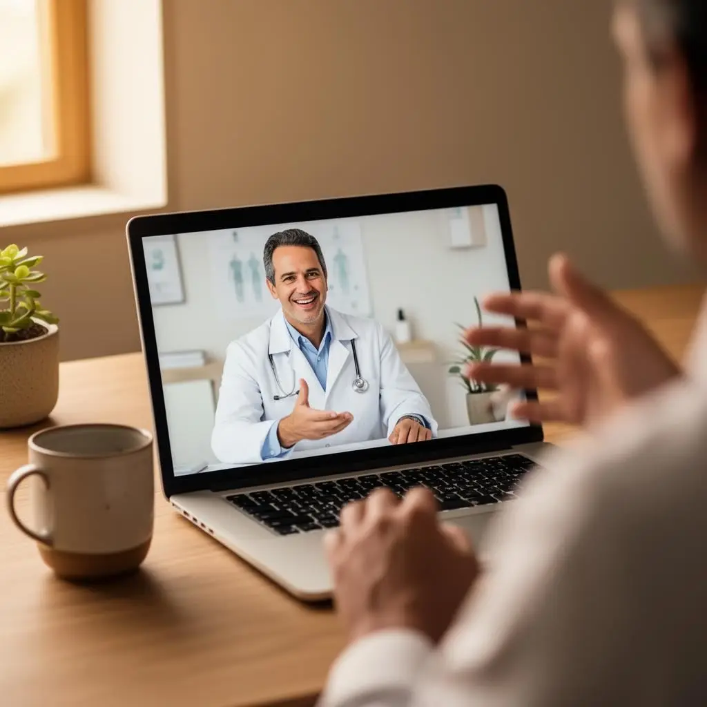 Teleconsulta com médico de jaleco branco no laptop